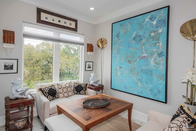 living room featuring plenty of natural light, crown molding, and tile patterned floors