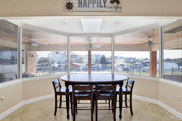 dining area featuring a ceiling fan, baseboards, and a wealth of natural light