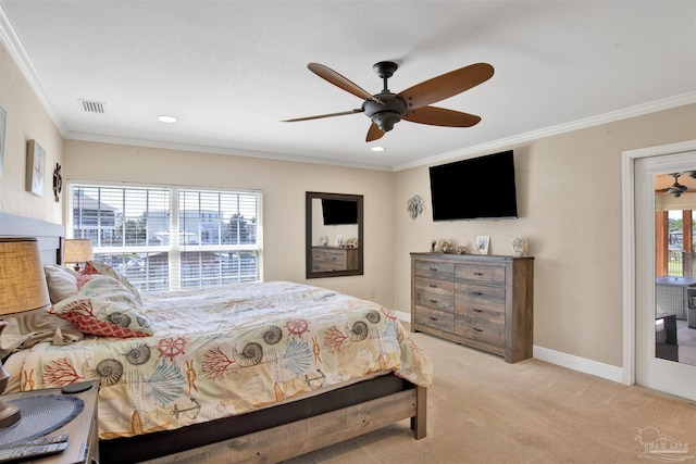 bedroom with ceiling fan, ornamental molding, carpet, and baseboards