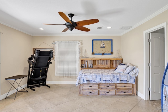 tiled bedroom featuring ornamental molding, visible vents, and baseboards