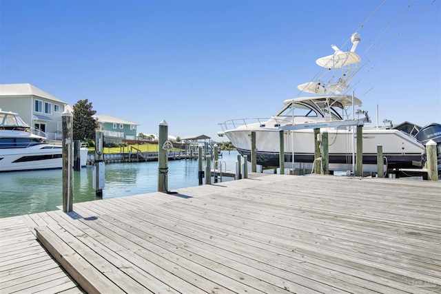 dock area with a water view and boat lift