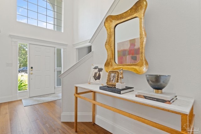 entryway featuring a towering ceiling and light wood-type flooring