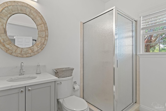 bathroom with toilet, vanity, and a shower with door