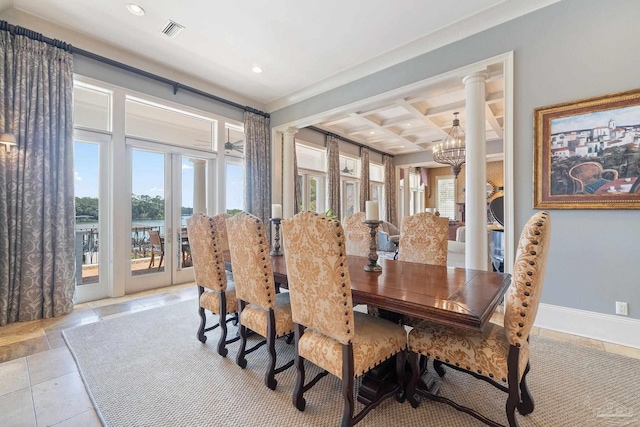 3410 N 18th Ave, Pensacola, FL 32503 - dining area with visible vents, baseboards, beam ceiling, recessed lighting, and coffered ceiling