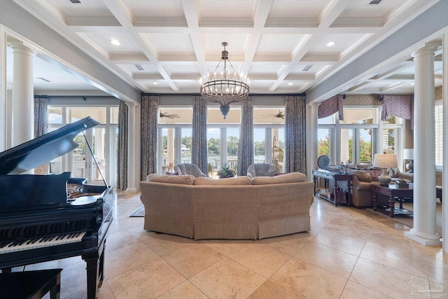 living room featuring coffered ceiling, ceiling fan with notable chandelier, beam ceiling, and decorative columns