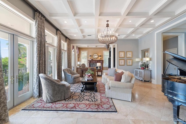 3410 N 18th Ave, Pensacola, FL 32503 - living room featuring coffered ceiling, a notable chandelier, beam ceiling, and plenty of natural light