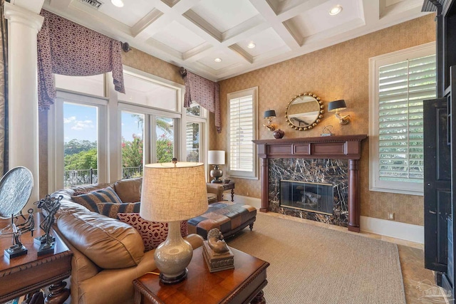 3410 N 18th Ave, Pensacola, FL 32503 - living room with beam ceiling, coffered ceiling, a premium fireplace, and wallpapered walls