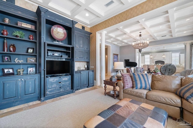 3410 N 18th Ave, Pensacola, FL 32503 - living area featuring visible vents, a notable chandelier, decorative columns, beamed ceiling, and coffered ceiling