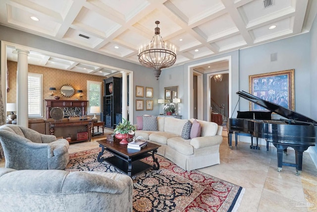 3410 N 18th Ave, Pensacola, FL 32503 - living area featuring a chandelier, recessed lighting, stairway, beamed ceiling, and coffered ceiling