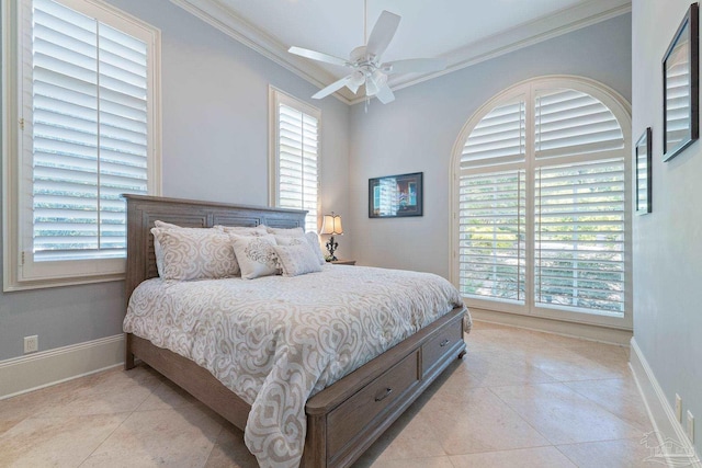 tiled bedroom featuring ornamental molding, multiple windows, and ceiling fan