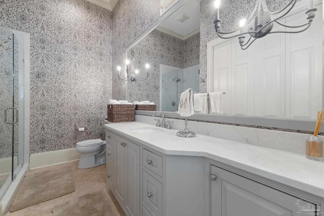 bathroom with toilet, walk in shower, a notable chandelier, tile patterned flooring, and vanity