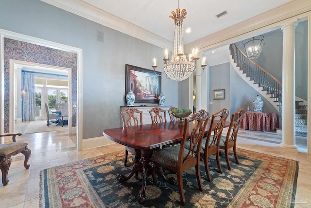 3410 N 18th Ave, Pensacola, FL 32503 - dining space featuring a notable chandelier, baseboards, ornamental molding, stairs, and visible vents