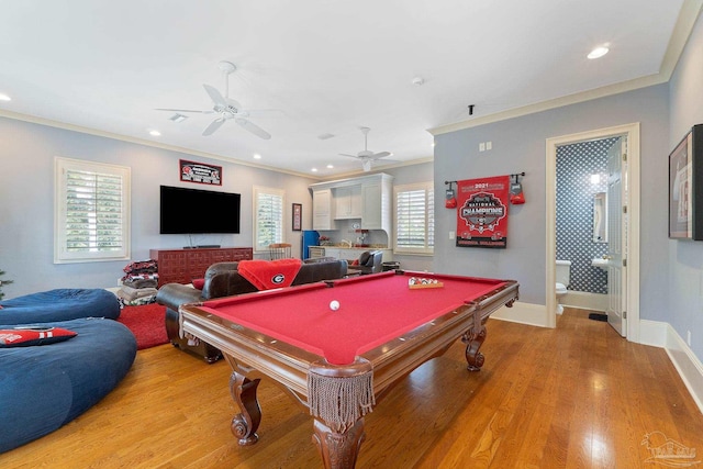 3410 N 18th Ave, Pensacola, FL 32503 - recreation room featuring baseboards, billiards, light wood-type flooring, crown molding, and ceiling fan
