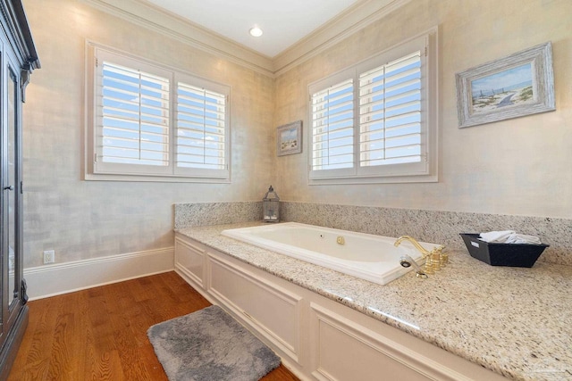 3410 N 18th Ave, Pensacola, FL 32503 - bathroom featuring a bath, crown molding, wood finished floors, and baseboards