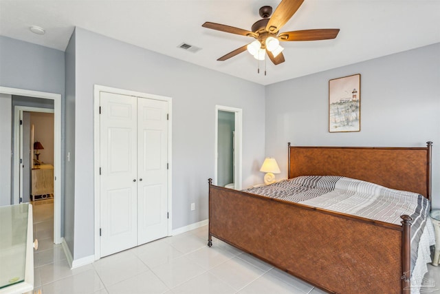 tiled bedroom featuring ceiling fan and a closet