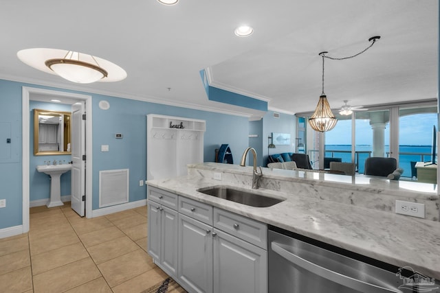 kitchen featuring ceiling fan, sink, a water view, dishwasher, and white cabinets