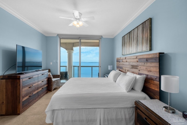 tiled bedroom with access to exterior, ceiling fan, and crown molding