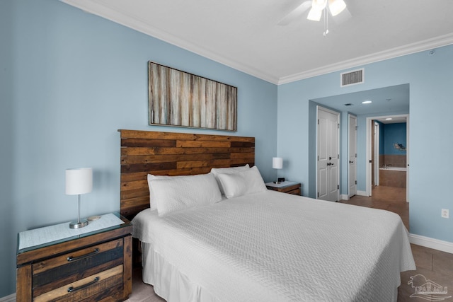 bedroom featuring ceiling fan and ornamental molding