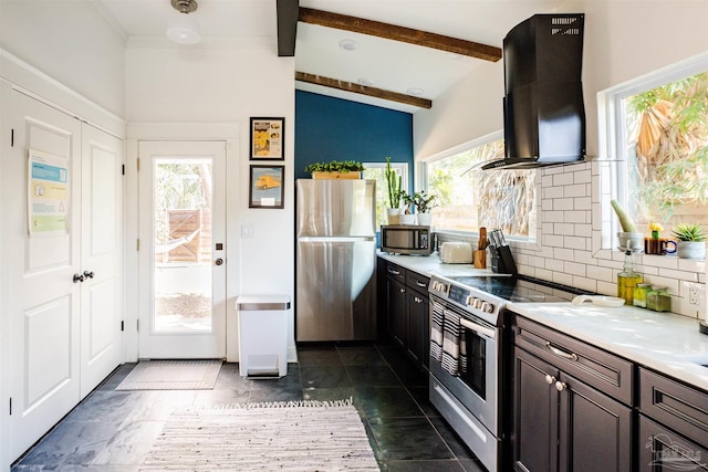 kitchen with backsplash, dark brown cabinets, stainless steel appliances, extractor fan, and vaulted ceiling with beams