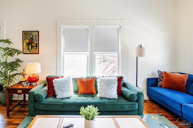 living room with dark hardwood / wood-style floors