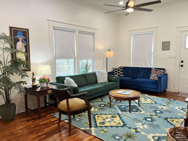 living room featuring dark hardwood / wood-style floors, ceiling fan, and ornamental molding