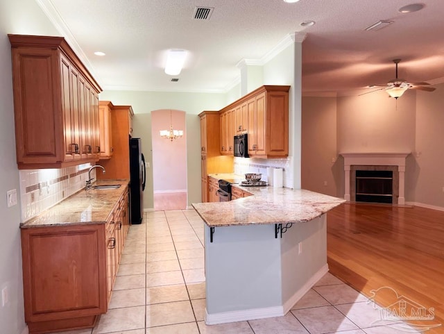 kitchen featuring ceiling fan with notable chandelier, light hardwood / wood-style flooring, kitchen peninsula, sink, and appliances with stainless steel finishes