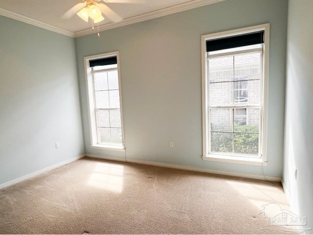 carpeted spare room featuring crown molding and ceiling fan