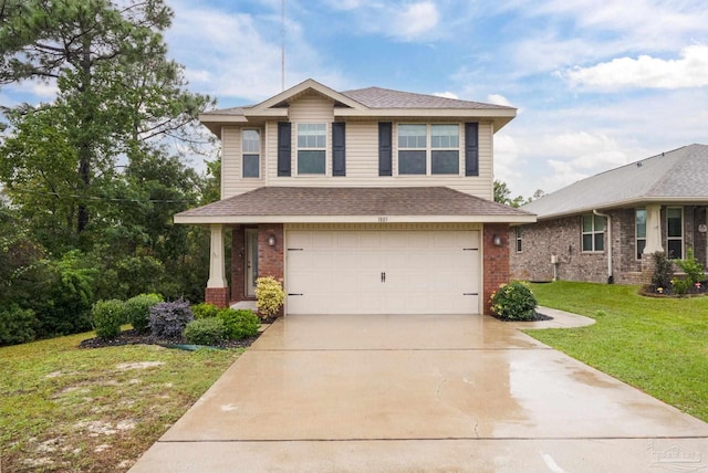 view of front facade featuring driveway, brick siding, a front lawn, and a shingled roof