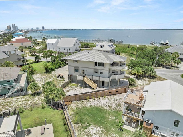 aerial view featuring a water view