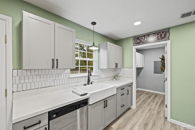 3985 Whitehall Dr, Pace, FL 32571 - kitchen featuring decorative backsplash, visible vents, a sink, light wood-style floors, and stainless steel dishwasher