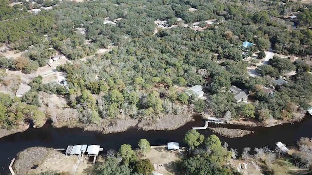 birds eye view of property featuring a water view and a wooded view