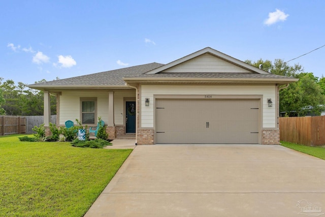 view of front of home featuring concrete driveway, a garage, covered porch, brick siding, and a shingled roof