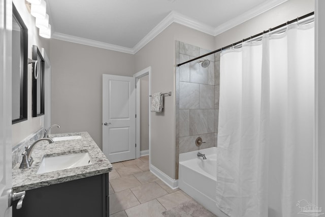 bathroom featuring shower / bath combination with curtain, ornamental molding, double vanity, and baseboards