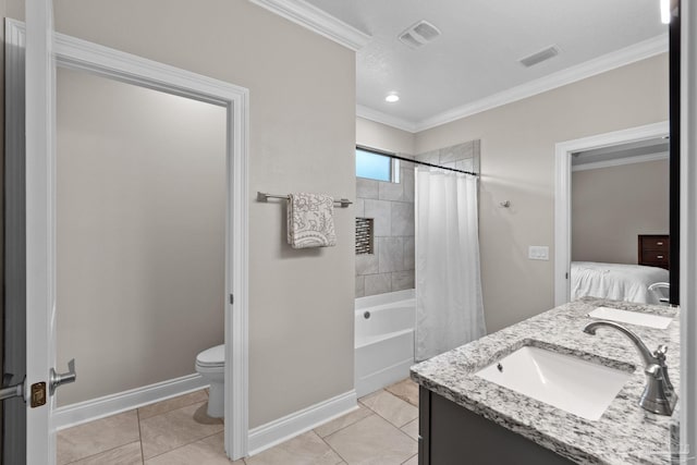 full bath with ornamental molding, toilet, tile patterned floors, baseboards, and double vanity