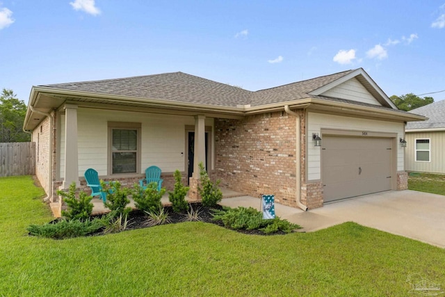ranch-style house with driveway, brick siding, a garage, and roof with shingles