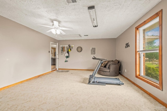 2762 Christine St, Pensacola, FL 32526 - exercise area featuring electric panel, a textured ceiling, and a ceiling fan