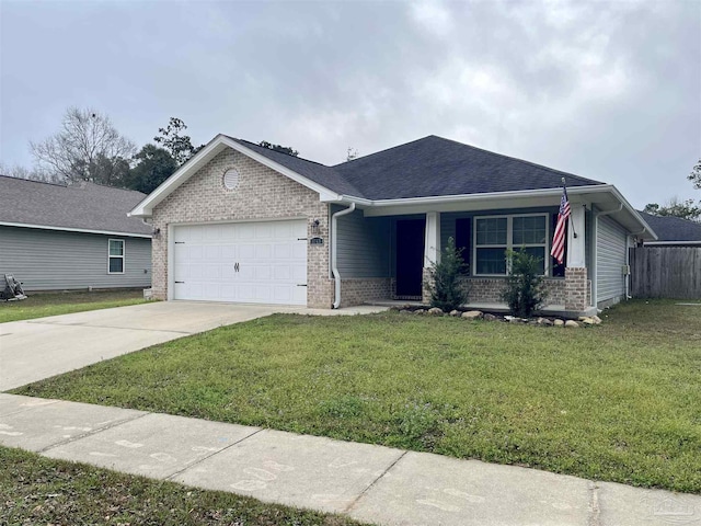 ranch-style home with a front lawn and a garage