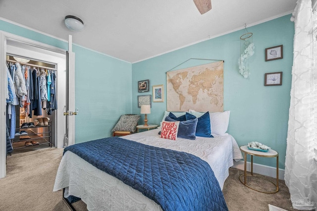 1220 E Cervantes, Pensacola, FL 32501 - carpeted bedroom with crown molding, a ceiling fan, a walk in closet, and a closet