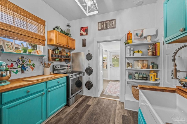 1220 E Cervantes, Pensacola, FL 32501 - kitchen with stainless steel range with electric cooktop, a sink, dark wood-type flooring, open shelves, and butcher block countertops