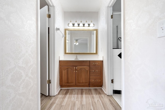 bathroom with hardwood / wood-style flooring and vanity