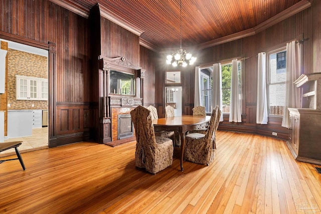 dining space featuring crown molding, wood ceiling, a chandelier, and light hardwood / wood-style flooring