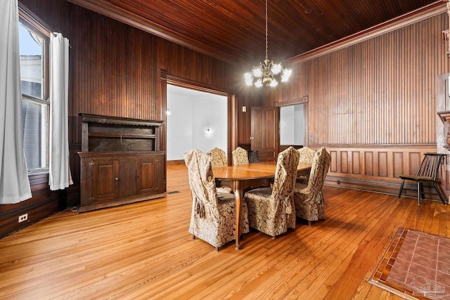 dining space with crown molding, wood ceiling, wooden walls, a chandelier, and light wood-type flooring