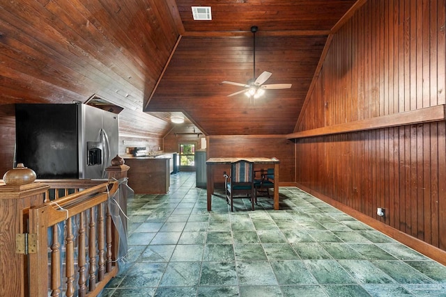 bonus room with wood ceiling, ceiling fan, lofted ceiling, and wood walls