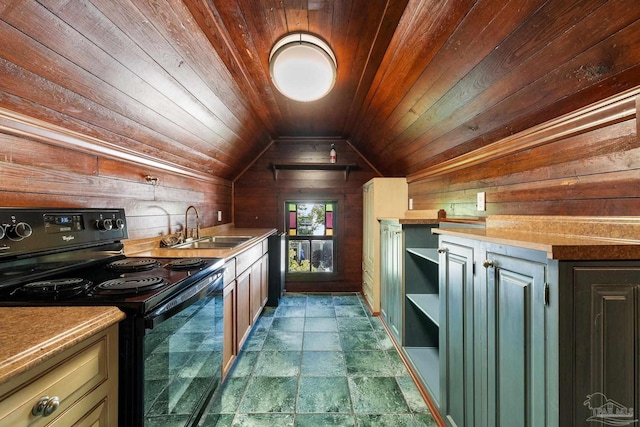 kitchen featuring sink, wooden walls, black range with electric cooktop, vaulted ceiling, and wooden ceiling