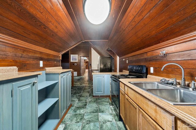 kitchen with black electric range oven, wooden walls, wooden ceiling, and sink