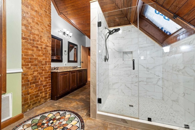 bathroom with a shower with door, vanity, lofted ceiling, and wood ceiling