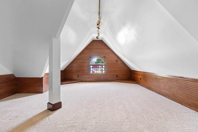 additional living space with wooden walls, vaulted ceiling, and carpet