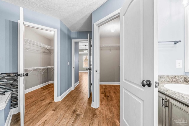 bathroom featuring hardwood / wood-style flooring, vanity, and a textured ceiling