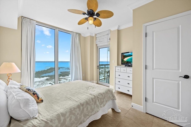 3 Portofino Dr Unit 1705, Pensacola Beach, FL 32561 - bedroom featuring access to outside, ornamental molding, tile patterned floors, baseboards, and a ceiling fan