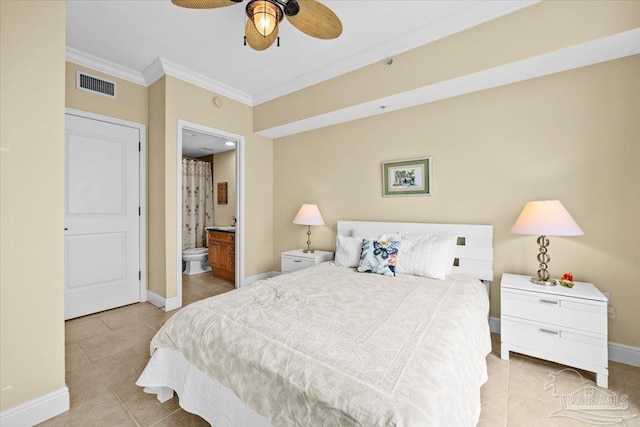 3 Portofino Dr Unit 1705, Pensacola Beach, FL 32561 - bedroom featuring crown molding, tile patterned floors, baseboards, connected bathroom, and ceiling fan